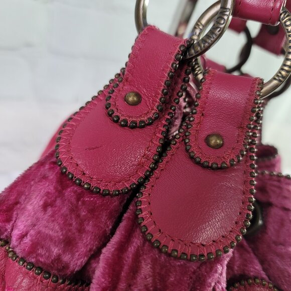 MATTHEW WILLIAMSON Pink Vibrant Round Drawstring Velvet Shoulder Bag - Picture 6 of 14